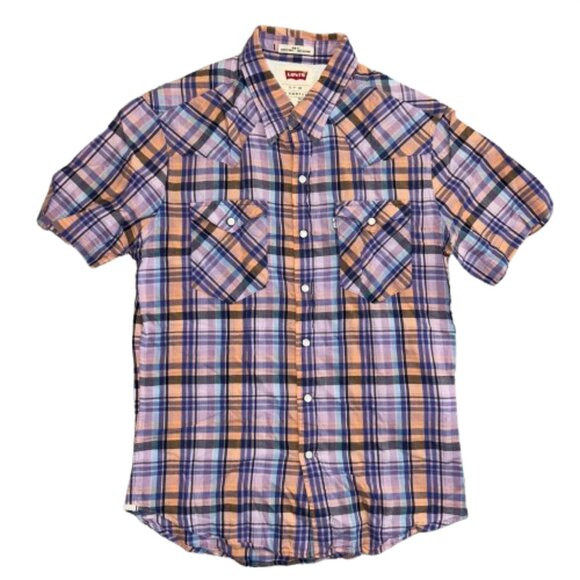Levis Mens Shirt Small Purple orange Short Sleeve Slim Fit Plaid Cotton - Picture 1 of 9